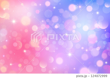 Pink unicorn background with glitter stars and bokeh. Dreamy magic sky. Purple fantasy fairy gradient. Lovely vector pastel wallpaper with iridescent gradient. 124872999
