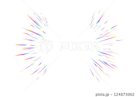 Light burst with rainbow prism effect. Halo flare sparkles of crystal. Vector radial holographic color explosion. Comic speed lines glare beams with sparks and neon reflection on white background. 124873002