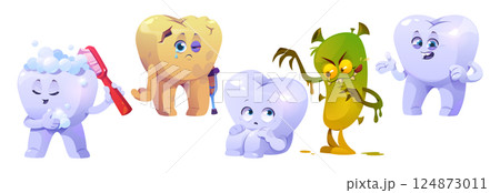 Cartoon tooth characters for kids dental hygiene Cartoon tooth characters for kids dental hygiene 124873011