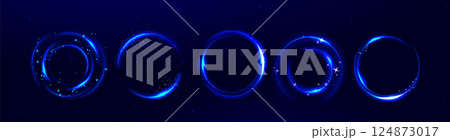Blue neon glowing circles set on dark background Blue neon glowing circles set on dark background 124873017