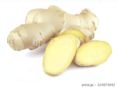 Fresh ginger root slices isolated on white background with clipping path Fresh ginger root slices isolated on white background with clipping path 124873042