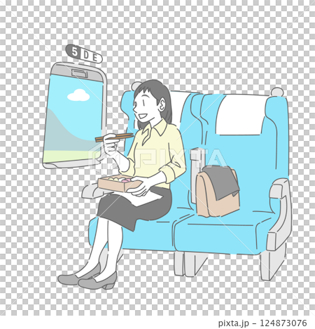 A woman eating bento on a Shinkansen train seat A woman eating bento on a Shinkansen train seat 124873076