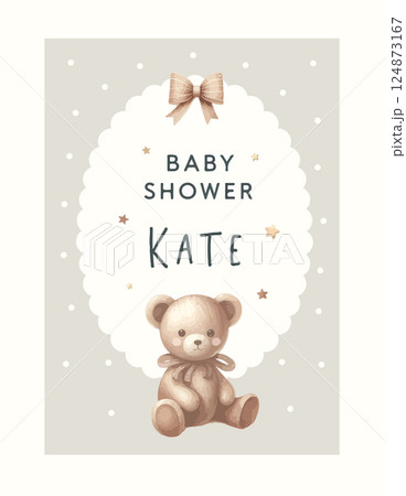 Watercolor New born baby shower invitation. Greeting card with baby toys and accessories. Watercolor New born baby shower invitation. Greeting card with baby toys and accessories. 124873167