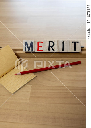 文字ブロック　MERIT メリット　赤鉛筆 124873188