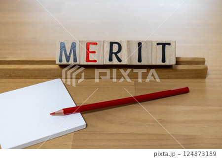 文字ブロック　MERIT メリット　赤鉛筆 124873189