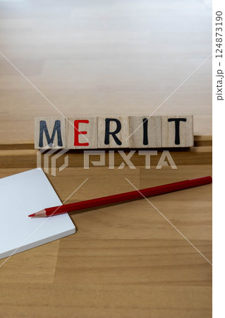 文字ブロック　MERIT メリット　赤鉛筆 124873190