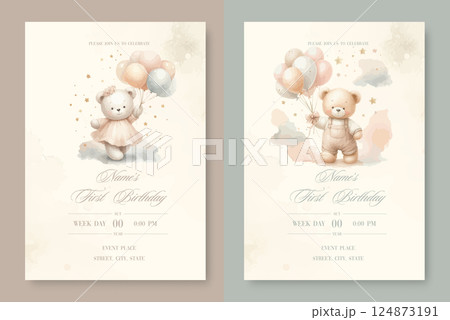 Set of First birthday watercolor invitation card for boy and girl. With plush teddy bear with balloon around clouds and stars. 124873191