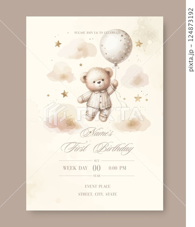 First birthday watercolor invitation card for celebration. With plush teddy bear with balloon around clouds and stars. 124873192