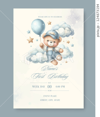 First birthday watercolor invitation card for celebration. With plush teddy bear with balloon around clouds and stars. First birthday watercolor invitation card for celebration. With plush teddy bear with balloon around clouds and stars. 124873194