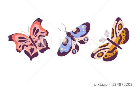 Butterflies Fluttering with Wings and Floral Twigs Vector Set 124873202
