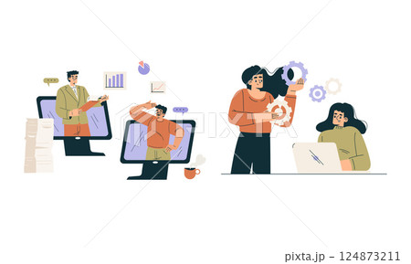 Business Concept with Man and Woman Character Engaged in Workflow Deal with Project Vector Set Business Concept with Man and Woman Character Engaged in Workflow Deal with Project Vector Set 124873211