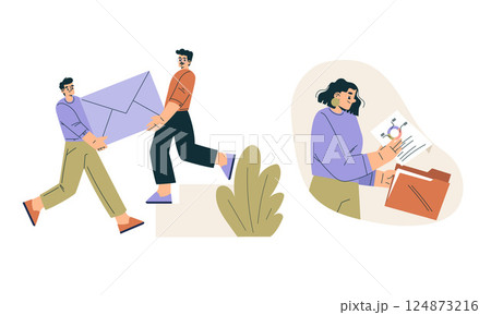 Business Concept with Man and Woman Character Engaged in Workflow Deal with Project Vector Set Business Concept with Man and Woman Character Engaged in Workflow Deal with Project Vector Set 124873216