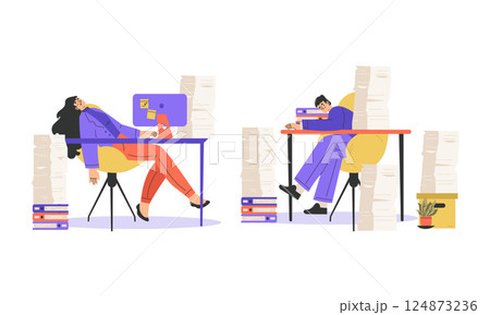 Office Bureaucracy with People Characters Having Loads of Paperwork Vector Set 124873236