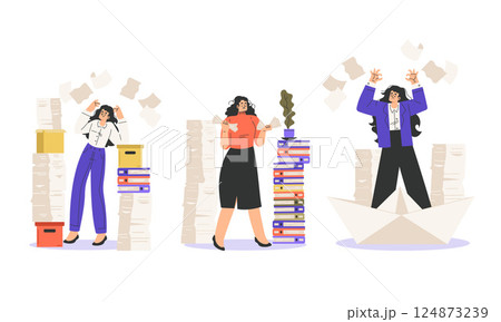 Office Bureaucracy with People Characters Having Loads of Paperwork Vector Set 124873239