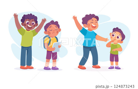 Angry Kids Bullying and Abusing the Weak Agemate Teasing and Laughing at Them Vector Set Angry Kids Bullying and Abusing the Weak Agemate Teasing and Laughing at Them Vector Set 124873243