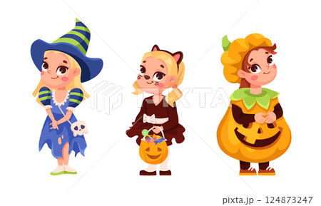 A cheerful and cute illustration showcasing kids in playful Halloween costumes for festivities A cheerful and cute illustration showcasing kids in playful Halloween costumes for festivities 124873247