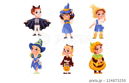 Adorable Pixel Art Halloween Characters Dressed in Costumes for Children to Enjoy 124873250