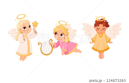 Cute Children Angels with Wings and Nimbus Vector Set 124873263