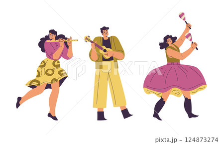 Brazilian Festival with People Dancing and Playing Musical Instrument Vector Set 124873274