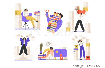 Office Bureaucracy with People Characters Having Loads of Paperwork Vector Set Office Bureaucracy with People Characters Having Loads of Paperwork Vector Set 124873276