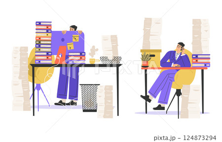 Office Bureaucracy with People Characters Having Loads of Paperwork Vector Set 124873294