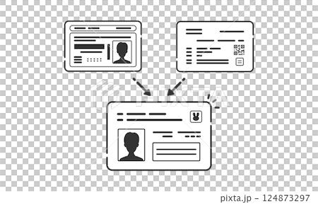 運転免許証と健康保険証をマイナンバーカードへ登録・連携するイメージイラスト(ベクター・線画・白黒) 124873297