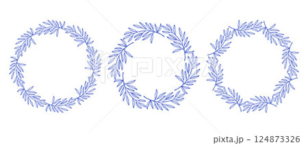 Mediterranean blue olive branches circle frame set. Hand drawn round line border, leaves and flowers, wedding invitation and cards, logo design and posters template. Elegant minimal style floral set Mediterranean blue olive branches circle frame set. Hand drawn round line border, leaves and flowers, wedding invitation and cards, logo design and posters template. Elegant minimal style floral set 124873326