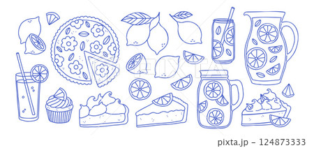 Hand drawn lemon set in line art style. Mediterranean blue lemon collection. Amalfi doodle drawing for t-shirt print, invitation, card, menu design. Italian Dolce vita summer element. Hand drawn lemon set in line art style. Mediterranean blue lemon collection. Amalfi doodle drawing for t-shirt print, invitation, card, menu design. Italian Dolce vita summer element. 124873333