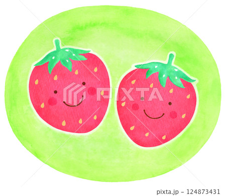 手描きのかわいい苺（背景黄緑） 124873431