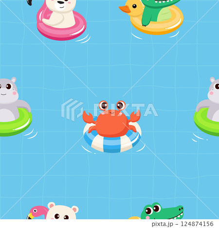 Cute animal swim in floaties seamless pattern 124874156