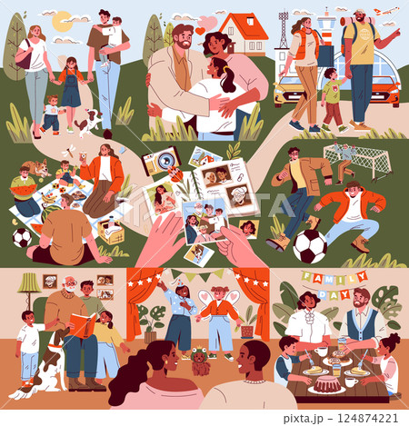 Family Day illustration captures joyful moments shared by families at home and outdoors. Activities include picnics, sports, and gatherings, highlighting togetherness, happiness, and love among Family Day illustration captures joyful moments shared by families at home and outdoors. Activities include picnics, sports, and gatherings, highlighting togetherness, happiness, and love among 124874221