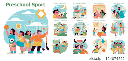 Preschool sports encourage physical development and team collaboration through fun activities. Kids play, learn skills, and promote social interaction. Engaging parents enhances children's experience 124874222