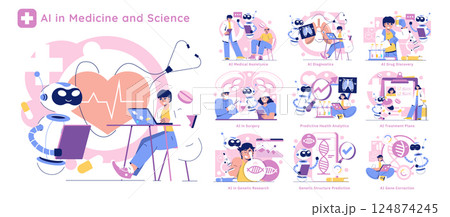 AI in Medicine and Science illustrates various applications of artificial intelligence in healthcare. It features diagnostics, treatment plans, and medical assistance, showcasing innovation in patient 124874245