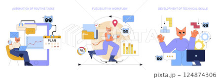 AI in the workplace revolutionizes productivity through automation, flexible workflows, and skill development. This illustration encapsulates the transformative impact on modern work environments. 124874306