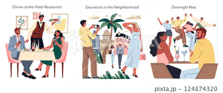 Hotel Holiday Enjoyment set. Couples dining out, exploring city sights, and having fun at nighttime. Vibrant illustrations depicting various vacation activities. 124874320