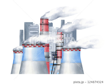 Industrial city smoke stack and factories with steam watercolor composition isolated on white. Environmental pollution concept with plant pipes and smoke for global warming and heavy industry designs Industrial city smoke stack and factories with steam watercolor composition isolated on white. Environmental pollution concept with plant pipes and smoke for global warming and heavy industry designs 124874324
