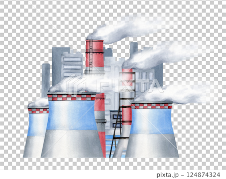 Industrial city smoke stack and factories with steam watercolor composition isolated on white. Environmental pollution concept with plant pipes and smoke for global warming and heavy industry designs Industrial city smoke stack and factories with steam watercolor composition isolated on white. Environmental pollution concept with plant pipes and smoke for global warming and heavy industry designs 124874324