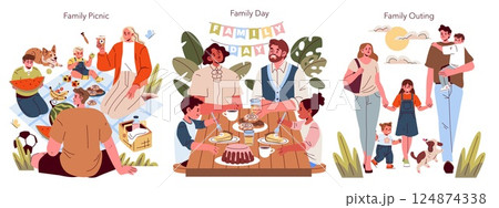 Family Day celebration illustration featuring a picnic, family gathering, and outing. Various activities highlight the joy of togetherness and bonding in a cheerful environment. Vector illustration. 124874338