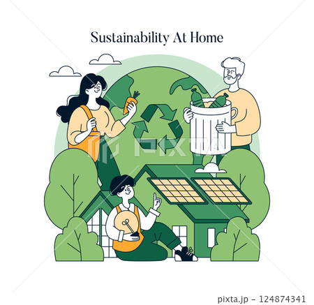 Sustainability at home encourages eco-friendly practices. Families engage in recycling, using solar energy, and growing food, promoting a green lifestyle while protecting the environment. Sustainability at home encourages eco-friendly practices. Families engage in recycling, using solar energy, and growing food, promoting a green lifestyle while protecting the environment. 124874341