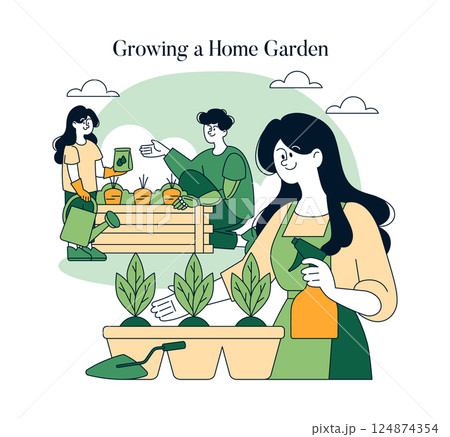 Home gardening promotes sustainability and healthy living. People engage in planting, watering, and harvesting produce, creating a green space. This activity fosters environmental awareness and self Home gardening promotes sustainability and healthy living. People engage in planting, watering, and harvesting produce, creating a green space. This activity fosters environmental awareness and self 124874354