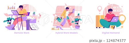 Future Work Models set. Remote, hybrid, and nomadic work styles vibrant with color and style. Professionals creatively adapting to diverse environments. Future Work Models set. Remote, hybrid, and nomadic work styles vibrant with color and style. Professionals creatively adapting to diverse environments. 124874377