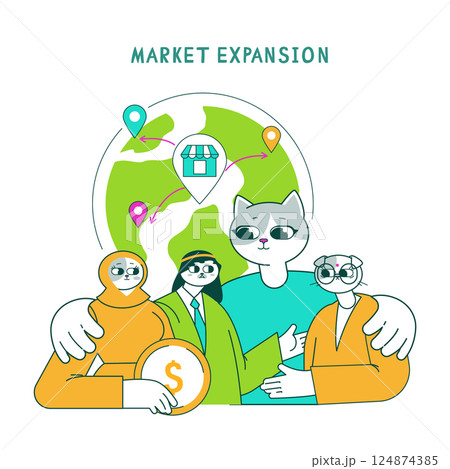 Vector illustration of a business cat engaging with diverse partners in a market expansion scenario. Illustrates teamwork in exploring global opportunities and increasing brand reach through 124874385