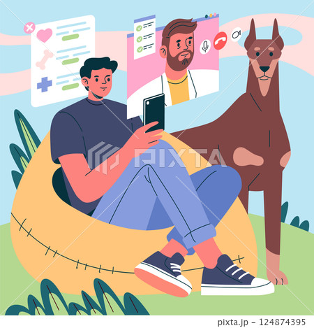 Illustration of a man consulting a virtual vet while relaxing with his dog in a cozy setting. This depicts the convenience of telemedicine in pet care, blending technology with pet companionship. 124874395