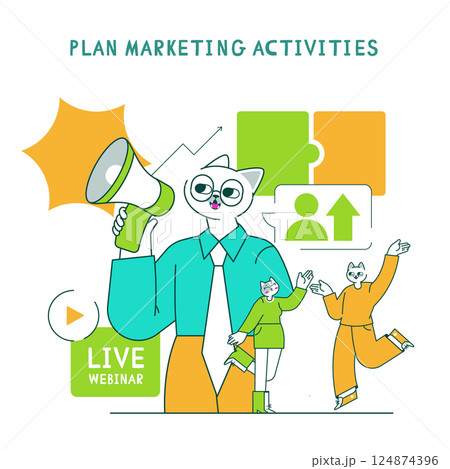 Marketing tools illustration featuring a cat character engaging with audiences while promoting activities. The scene shows digital marketing elements, emphasizing webinars, growth, and communication Marketing tools illustration featuring a cat character engaging with audiences while promoting activities. The scene shows digital marketing elements, emphasizing webinars, growth, and communication 124874396