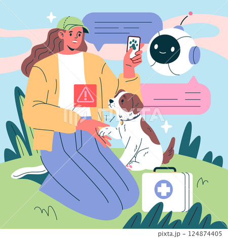 AI Vet Consultant. A pet owner interacts with a cute dog while receiving guidance from an AI assistant. Emphasizes the blend of technology and animal care for better pet health decisions. Vector AI Vet Consultant. A pet owner interacts with a cute dog while receiving guidance from an AI assistant. Emphasizes the blend of technology and animal care for better pet health decisions. Vector 124874405