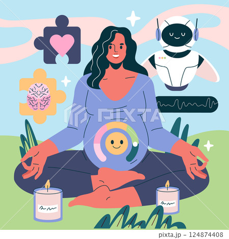 AI Pregnancy Counselor concept. A pregnant woman engages in mindful meditation with the assistance of AI technology. This illustration symbolizes support, emotional well-being, and modern parenting 124874408