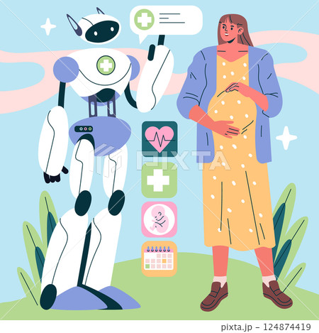 AI Pregnancy Counselor offers personalized support for expectant mothers. The illustration features a friendly robot providing health information alongside a pregnant woman. Emphasizing technology's 124874419
