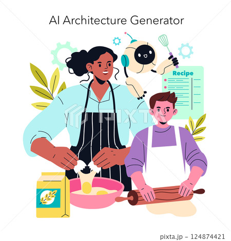 AI hobbyist collaboration in culinary creativity. The illustration features a person and a child baking together, guided by an AI robot. They engage in fun cooking while learning about technology 124874421