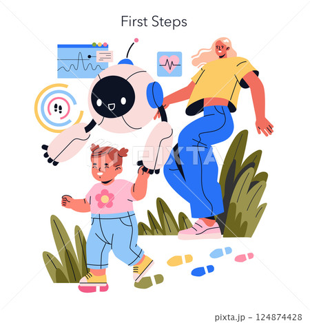 AI co-parenting illustrated through a joyful moment where a robot guides a child on their first steps. The interaction signifies the integration of technology into nurturing and growth. Vector 124874428