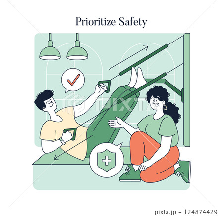 Illustration emphasizes safety in Pilates practice. It shows an instructor guiding a student while ensuring proper equipment use. This highlights the importance of safety protocols in fitness routines 124874429